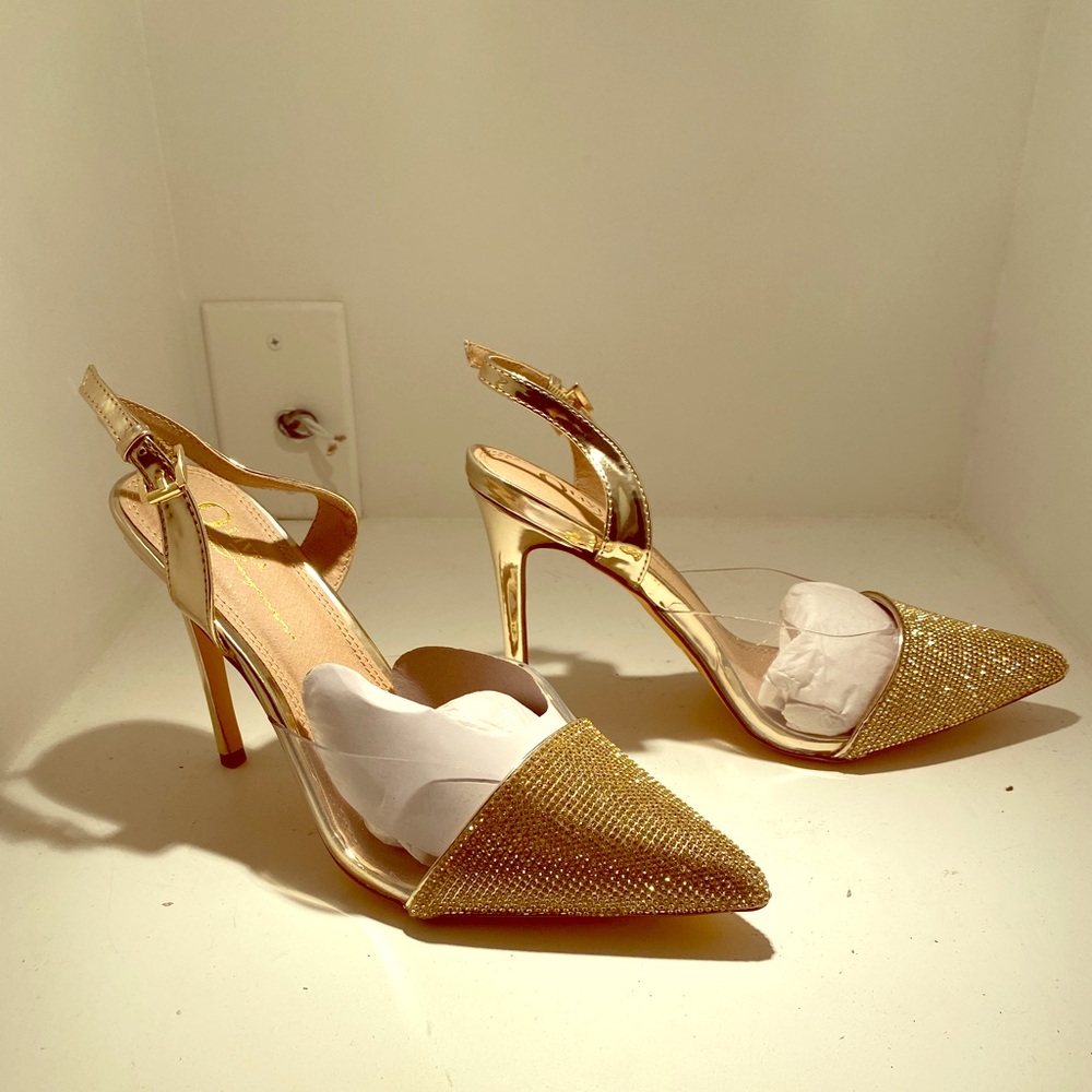 Gold diamond slip on sling back clear heels